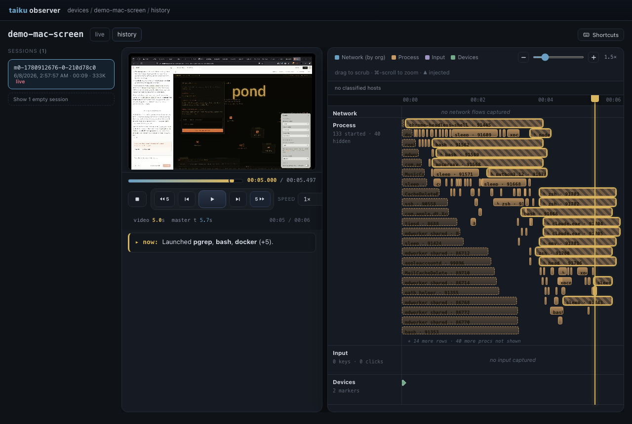Dashboard history view: a recorded session being scrubbed on a timeline, with session list, signal lanes and the event feed at the playhead